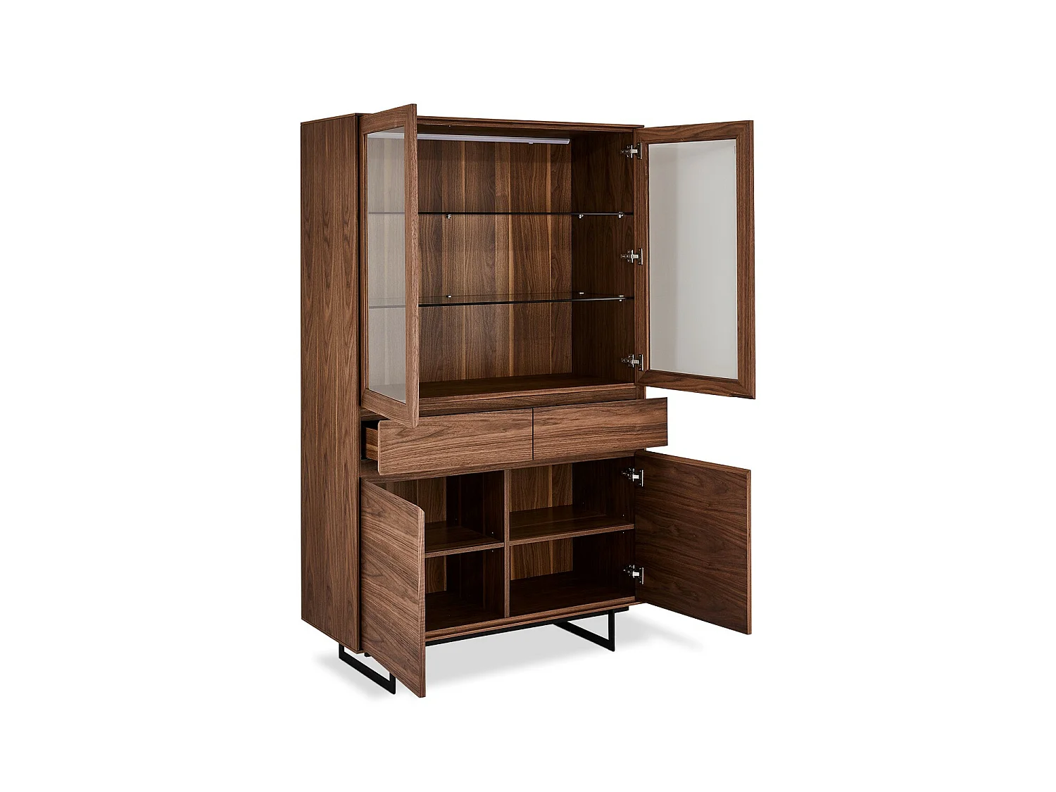 Tori vitrinekast 2 glazen deuren, 2 lades, 2 deuren walnoot fineer, zwart.