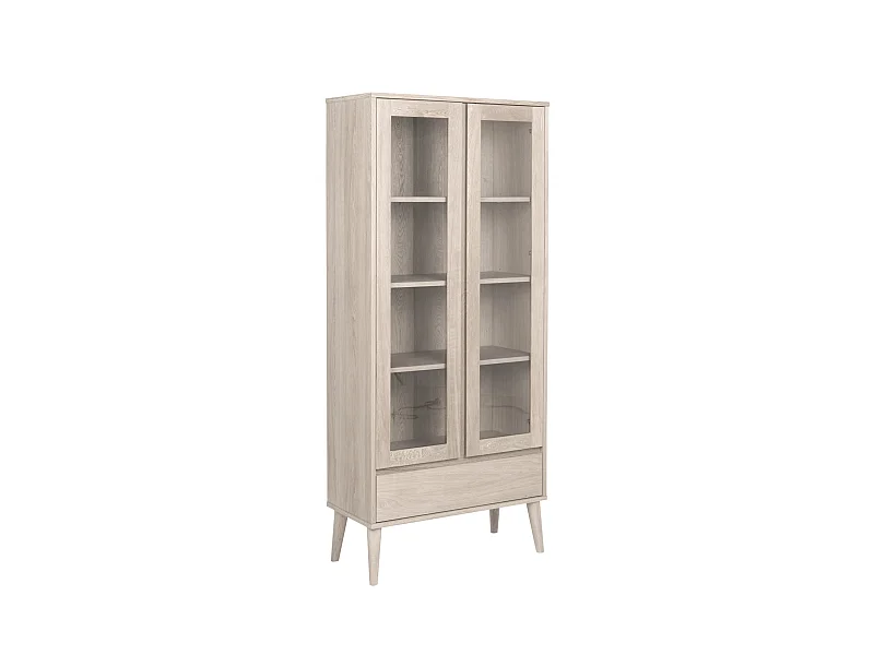 Naila Vitrine avec 2 portes vitrées et 1 tiroir, placages chêne et chêne massif blanc délavé