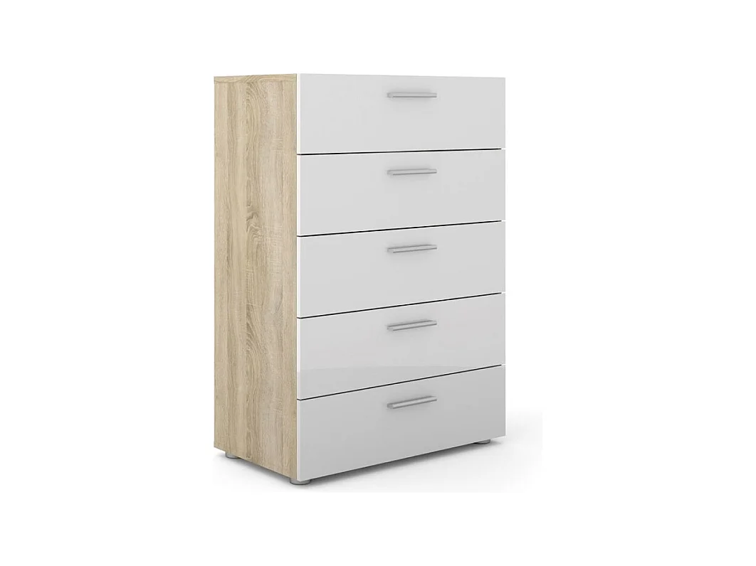 Petra Commode 5 tiroirs, finition chêne structuré et blanc brillant.