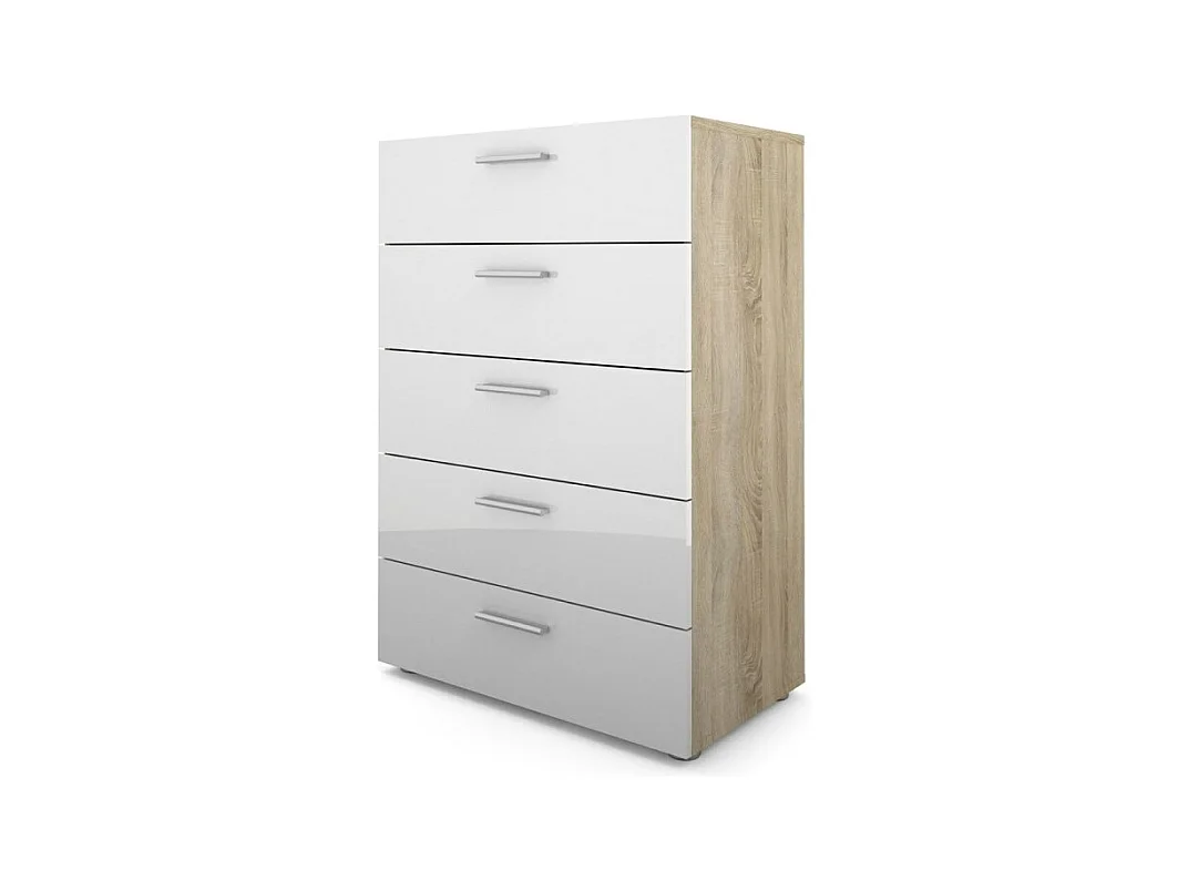 Petra kommode 5 lades eiken decor en wit hoogglans.