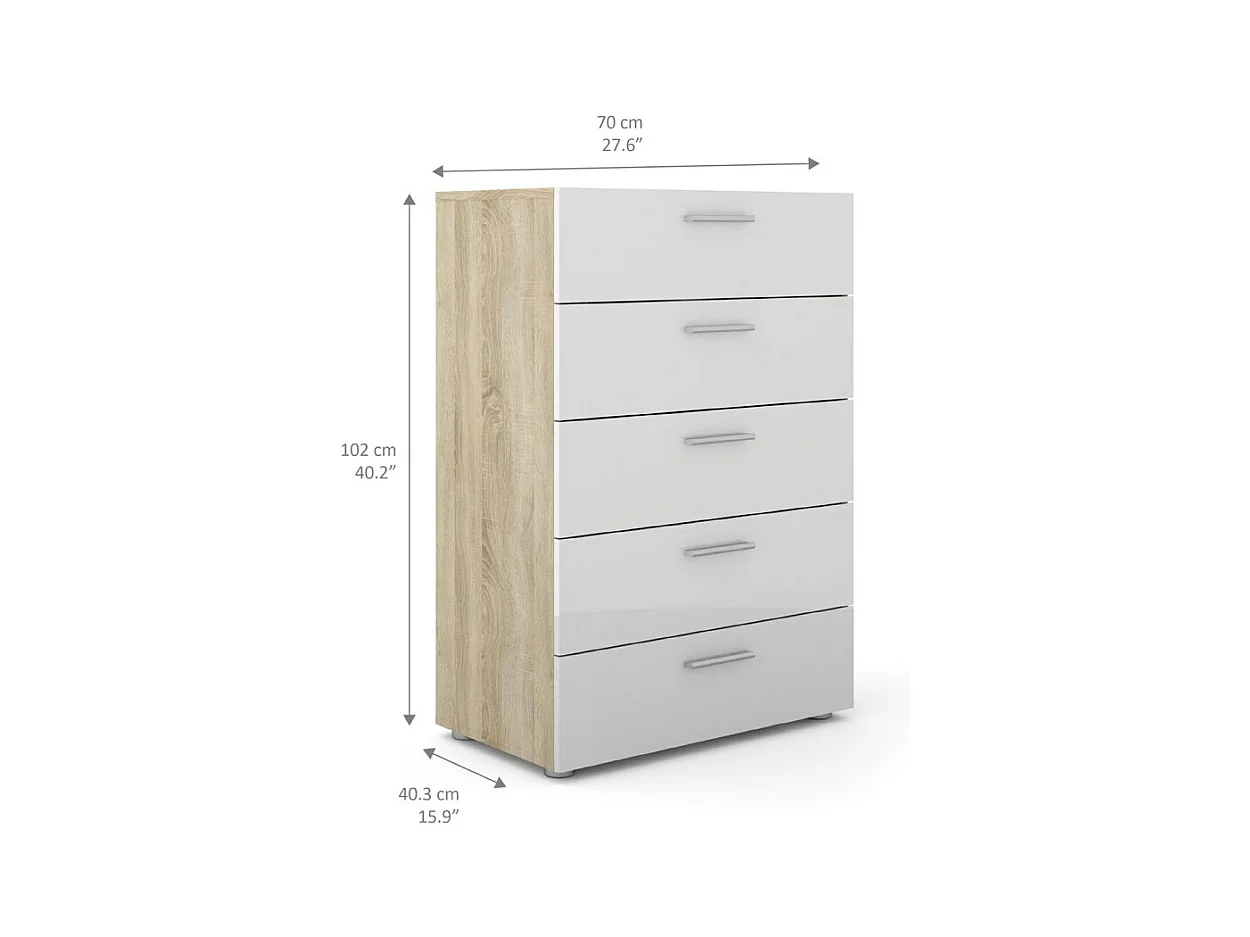 Petra kommode 5 lades eiken decor en wit hoogglans.