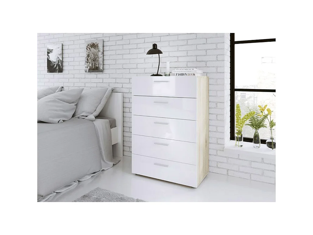Petra kommode 5 lades eiken decor en wit hoogglans.