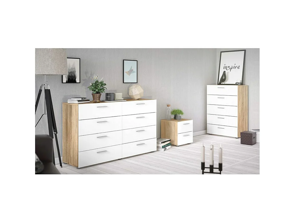 Petra kommode 5 lades eiken decor en wit hoogglans.