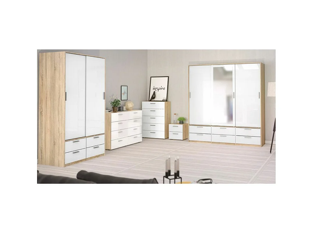 Petra kommode 5 lades eiken decor en wit hoogglans.