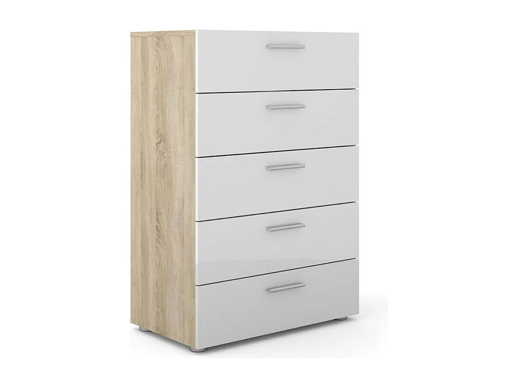 Petra kommode 5 lades eiken decor en wit hoogglans.