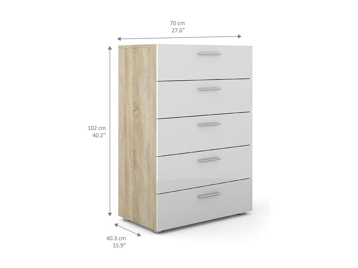 Petra kommode 5 lades eiken decor en wit hoogglans.