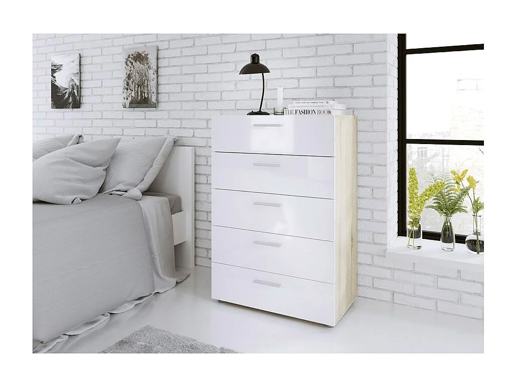 Petra kommode 5 lades eiken decor en wit hoogglans.