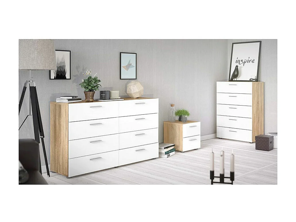 Petra kommode 5 lades eiken decor en wit hoogglans.