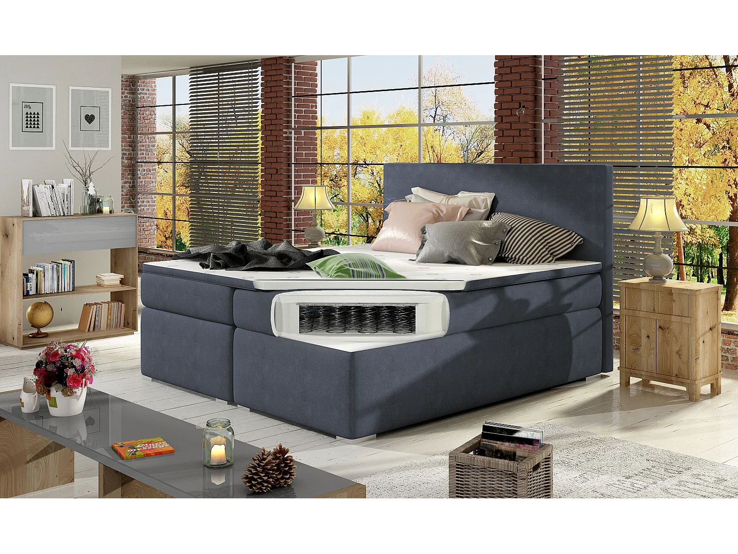 Boxspringbett Silvano L (180x200)/Stoff-Blau