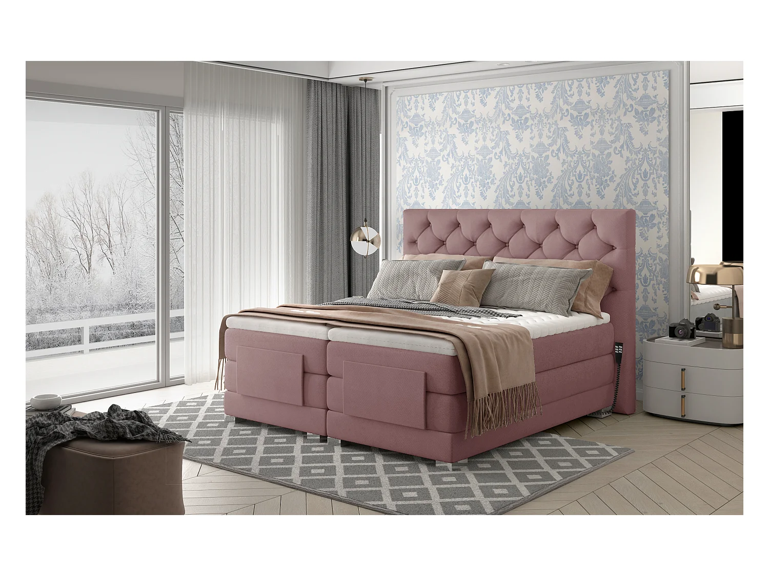 Box Spring Letto Chestic ES (140x200)/Tessuto-Rosa