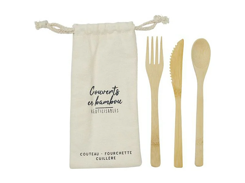 Lot de 3 Couverts Réutilisables "Bambou" 21cm Naturel
