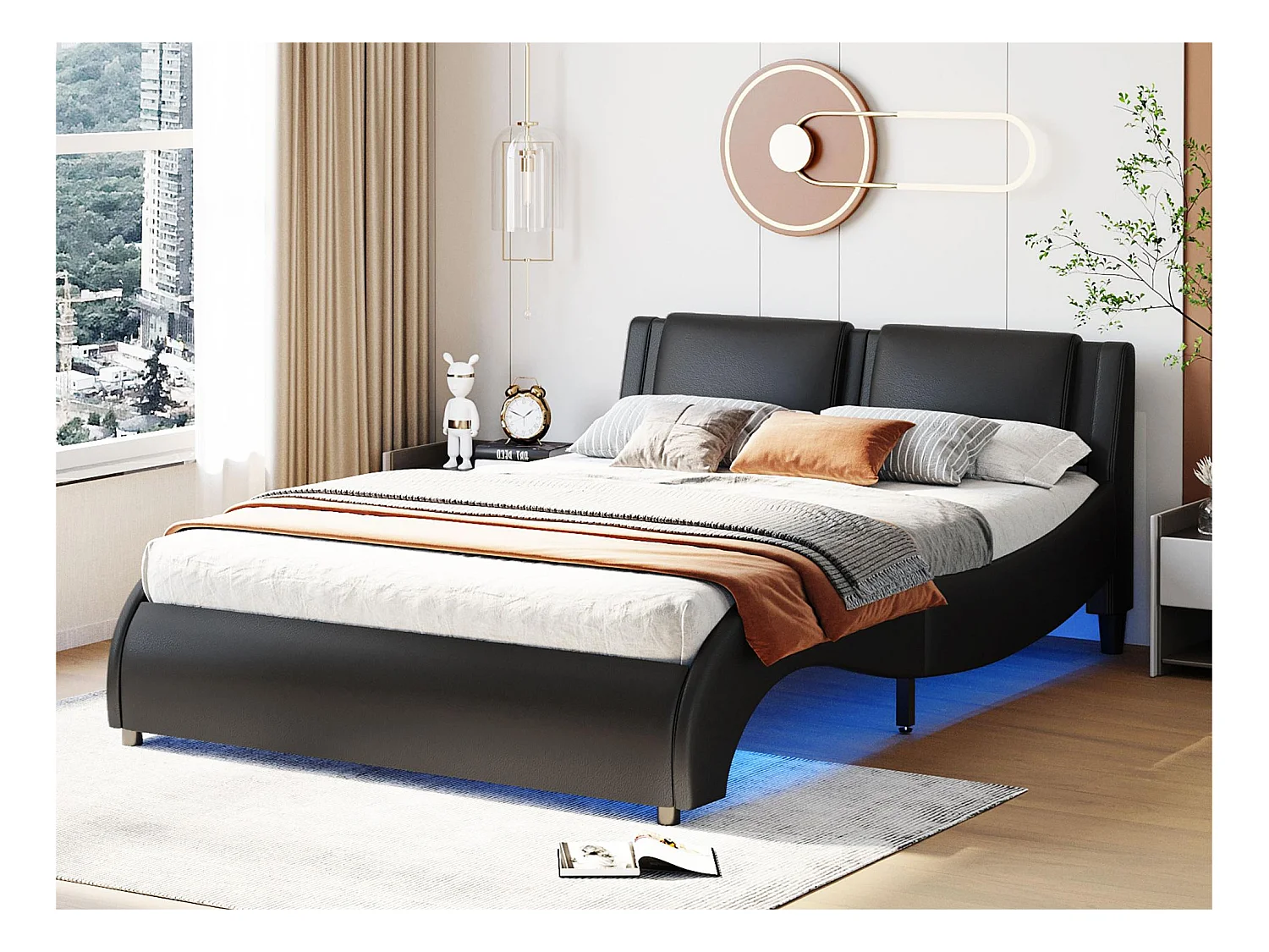 Lit double en similicuir 140x200cm avec LED et sommier à lattes - Noir
