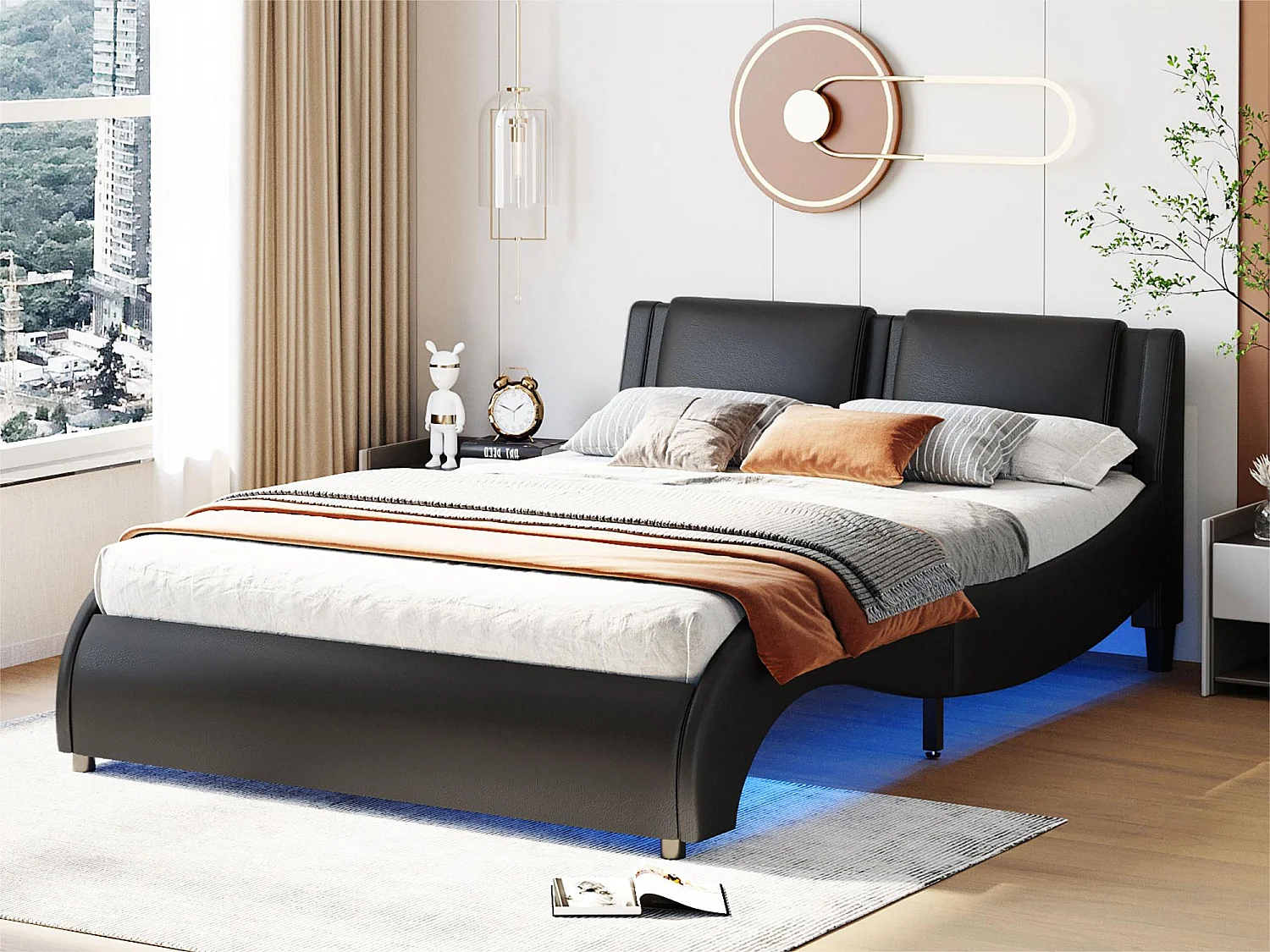 Lit double en similicuir 140x200cm avec LED et sommier à lattes - Noir