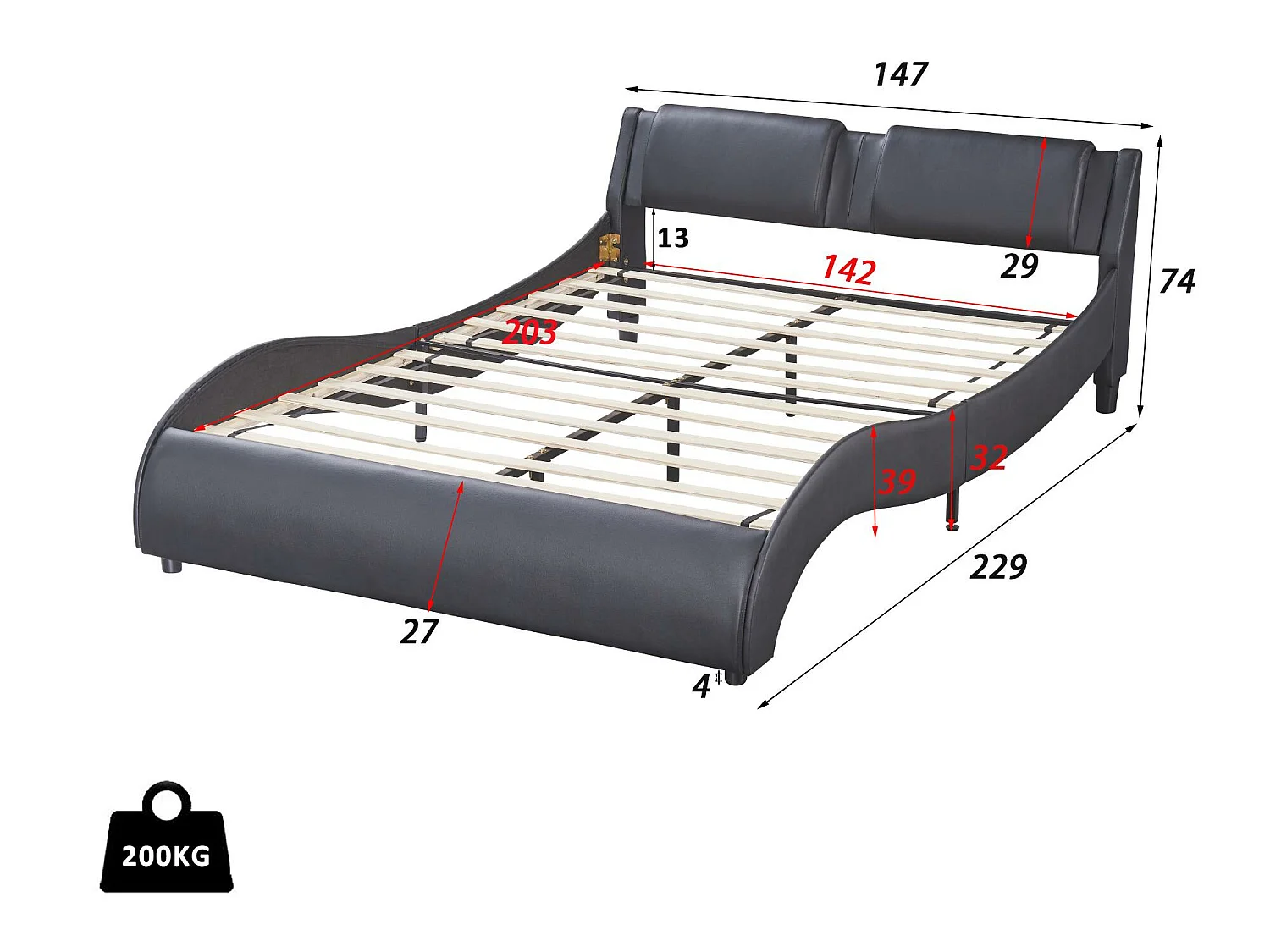 Lit double en similicuir 140x200cm avec LED et sommier à lattes - Noir