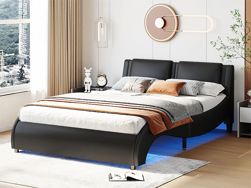 Tweepersoonsbed in kunstleer 140x200cm met LED en lattenbodem - Zwart