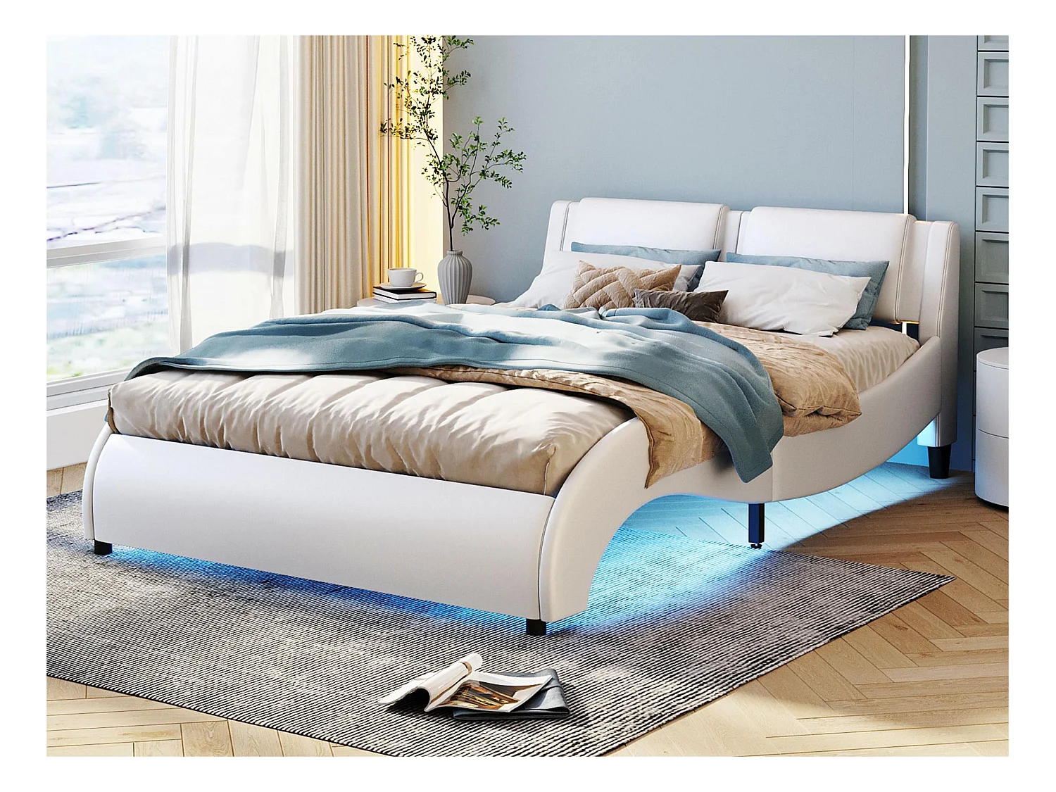 Lit double en similicuir 140x200cm avec LED et sommier à lattes - Blanc