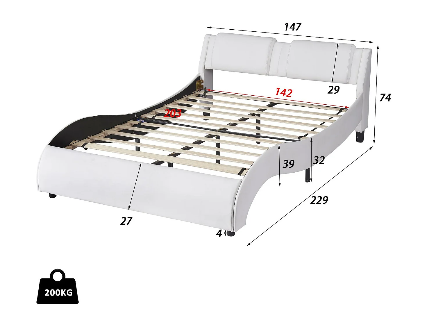 Lit double en similicuir 140x200cm avec LED et sommier à lattes - Blanc