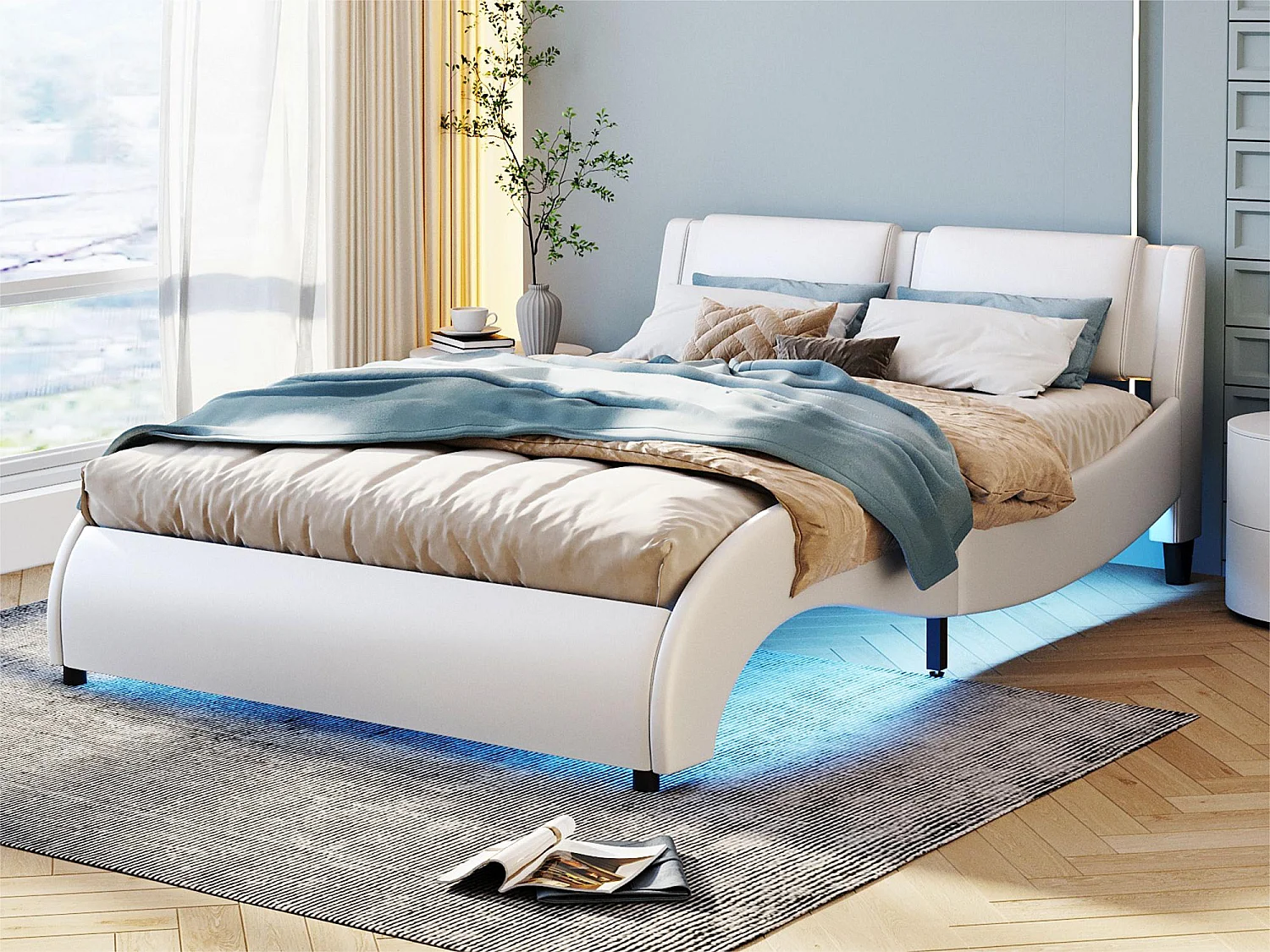 Lit double en similicuir 140x200cm avec LED et sommier à lattes - Blanc