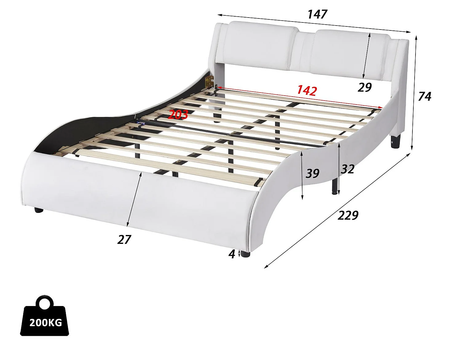 Lit double en similicuir 140x200cm avec LED et sommier à lattes - Blanc