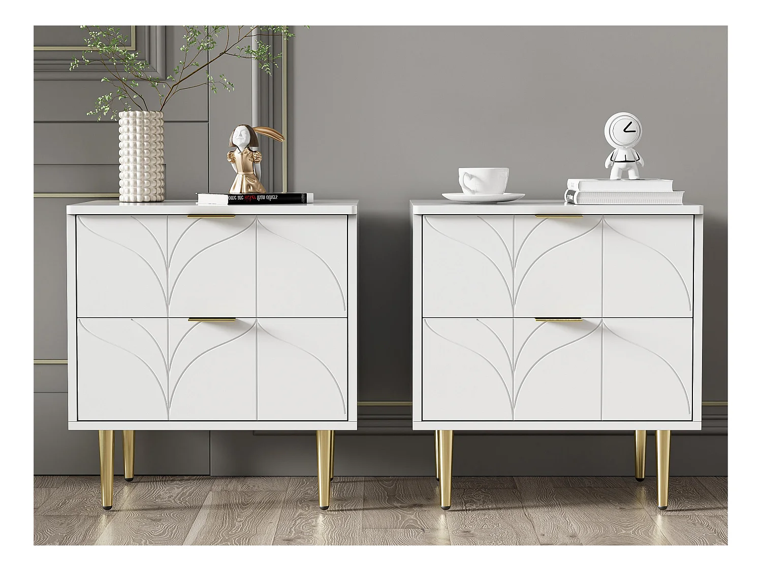 Lot de 2 Tables de chevet avec 2 tiroirs - décorée de motif fleuri - Blanc