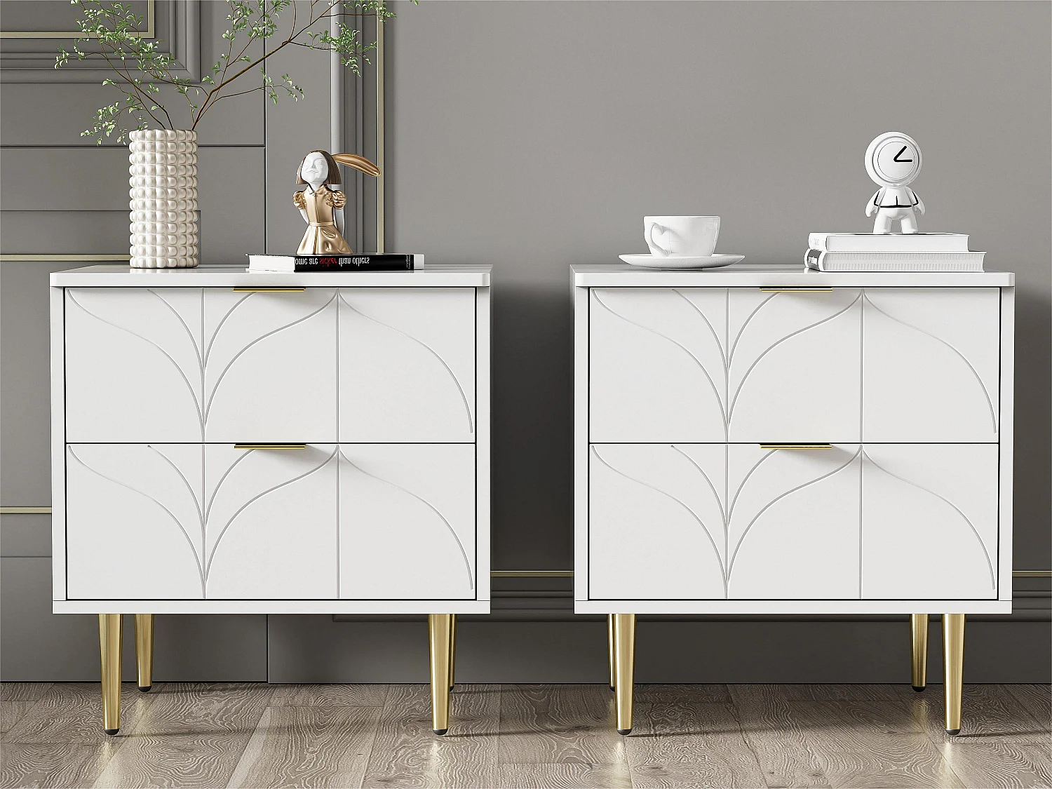 Lot de 2 Tables de chevet avec 2 tiroirs - décorée de motif fleuri - Blanc