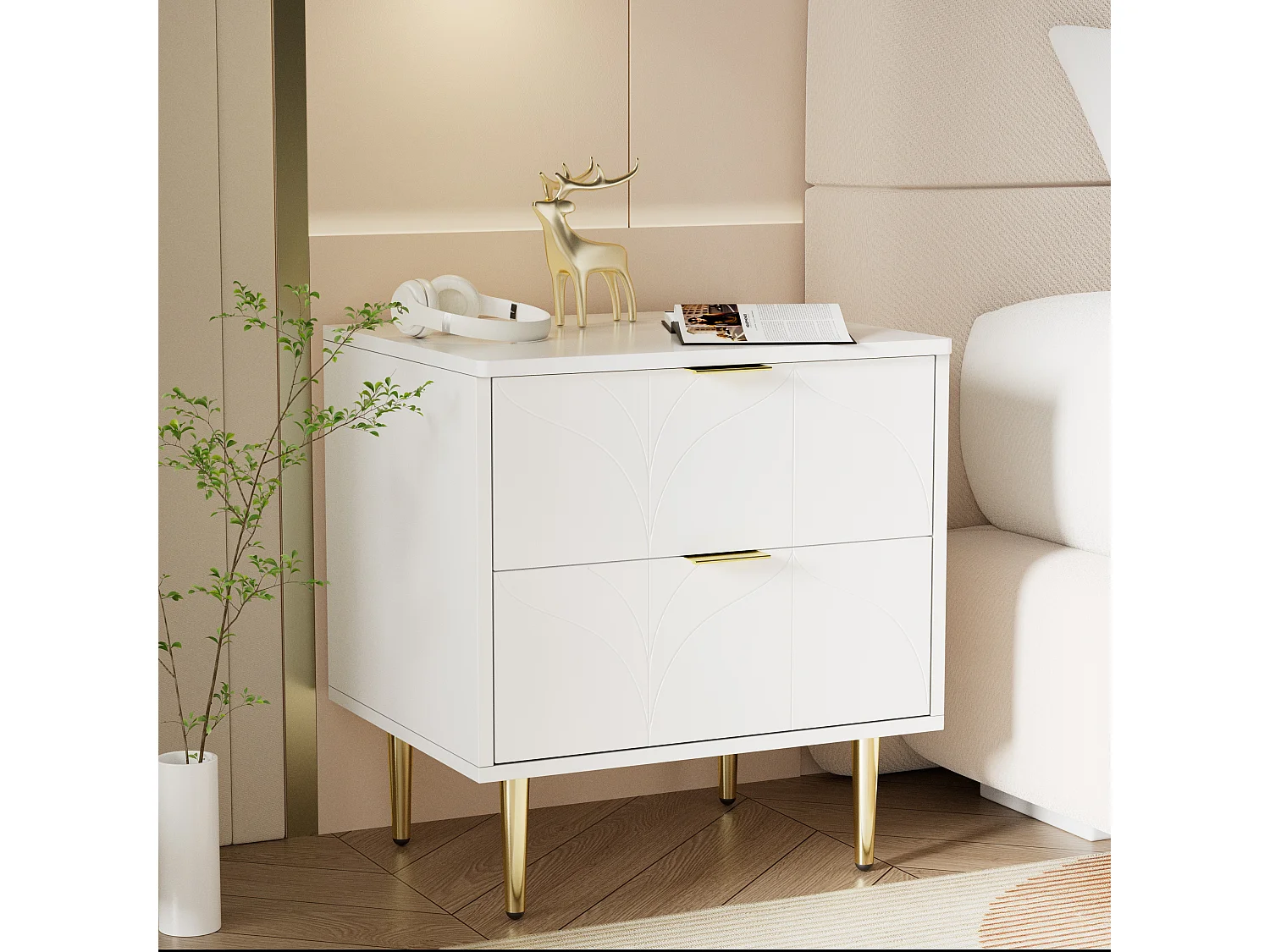 Lot de 2 Tables de chevet avec 2 tiroirs - décorée de motif fleuri - Blanc