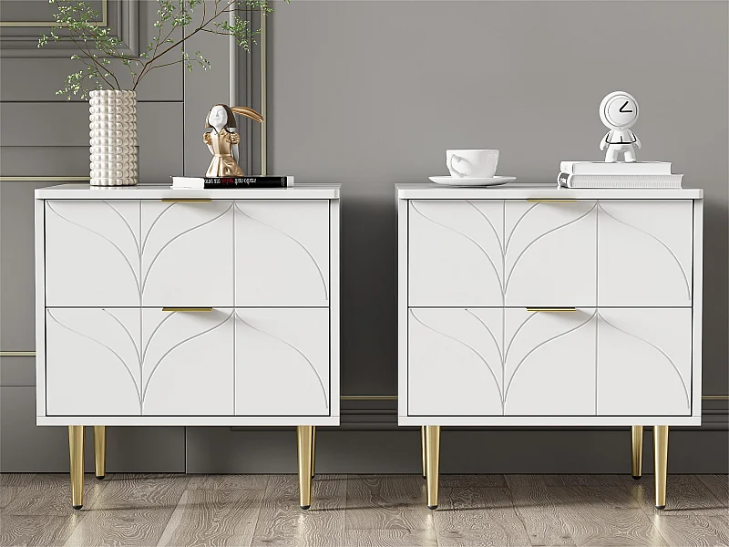 Lot de 2 Tables de chevet avec 2 tiroirs - décorée de motif fleuri - Blanc