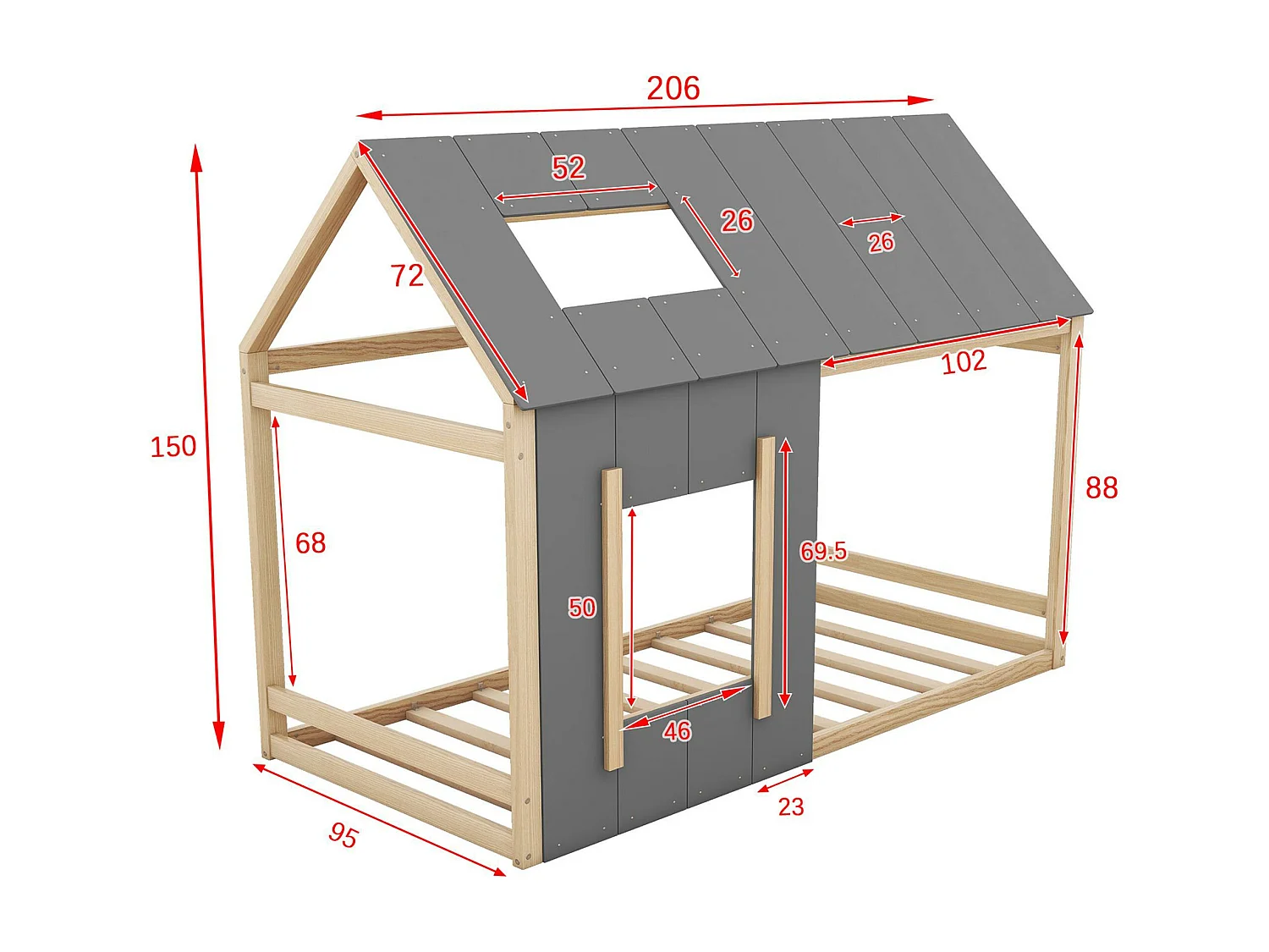 Lit cabane en bois de pin 90x200cm - lit enfant avec toit et fenêtre et sommier à lattes - Naturel