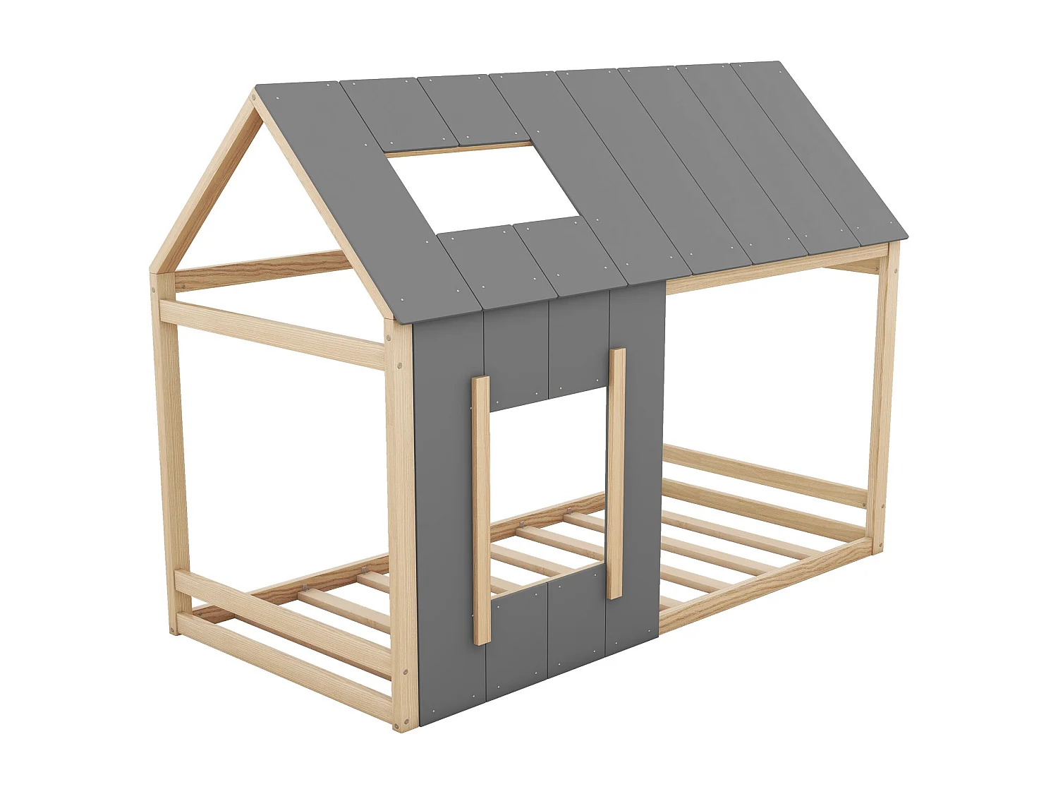 Lit cabane en bois de pin 90x200cm - lit enfant avec toit et fenêtre et sommier à lattes - Naturel