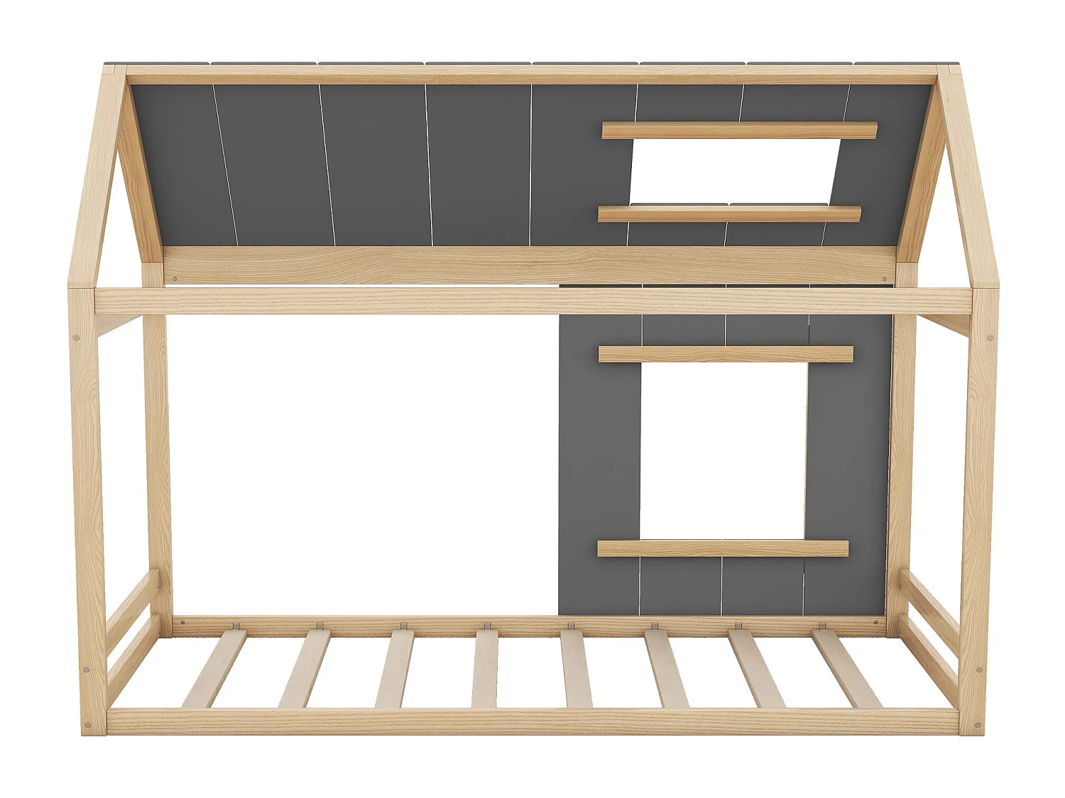 Lit cabane en bois de pin 90x200cm - lit enfant avec toit et fenêtre et sommier à lattes - Naturel