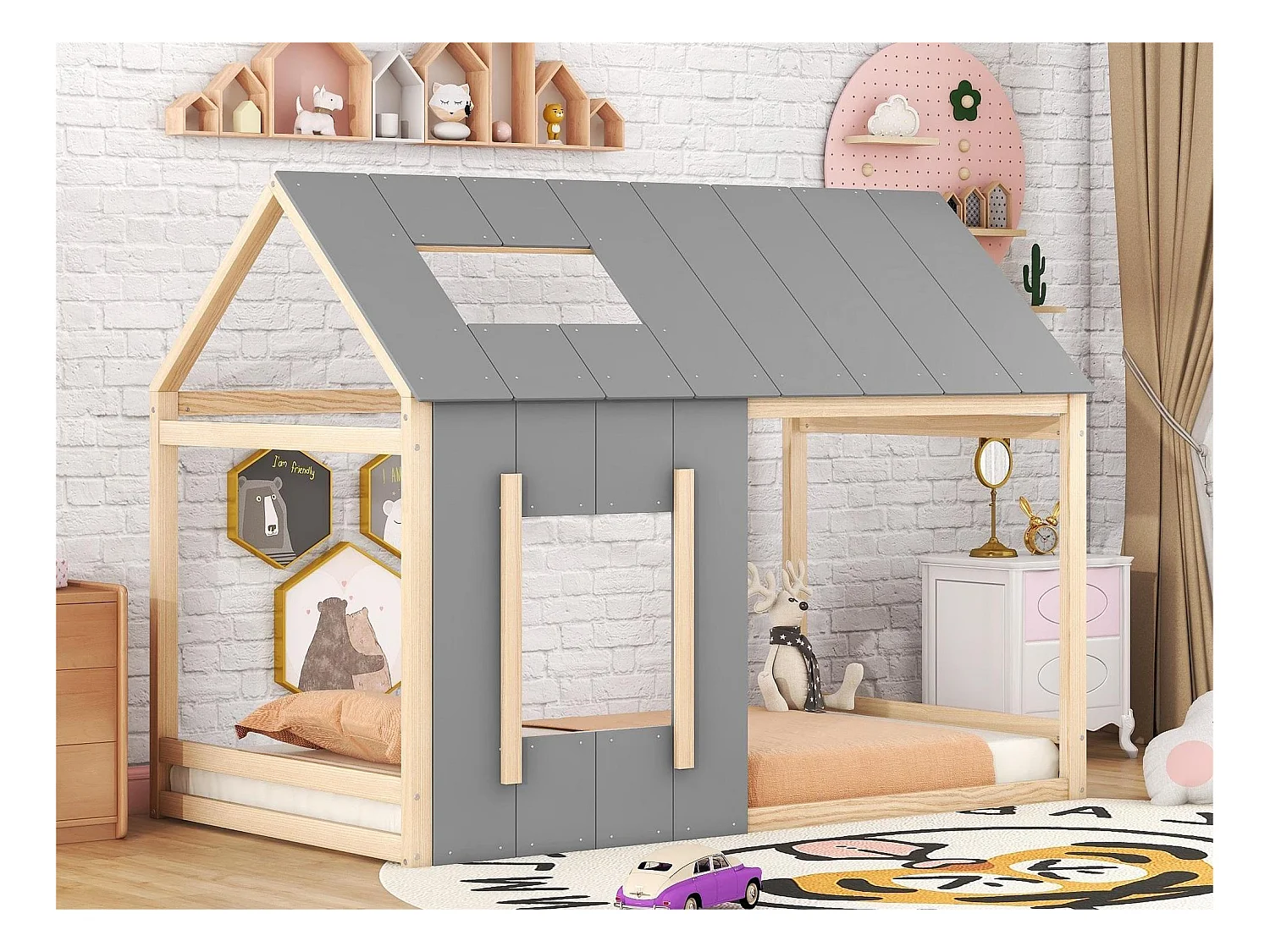 Lit cabane en bois de pin 90x200cm - lit enfant avec toit et fenêtre et sommier à lattes - Naturel