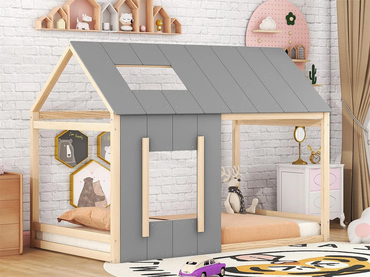 Grenenhouten cabinebed 90x200cm - kinderbed met dak en raam en lattenbodem - Naturel