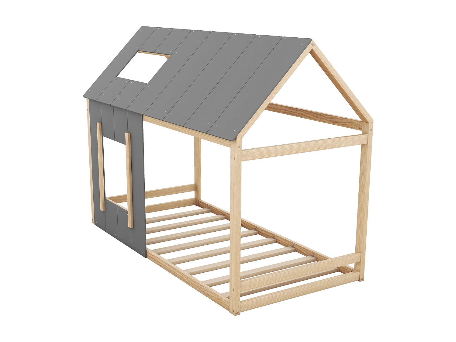 Grenenhouten cabinebed 90x200cm - kinderbed met dak en raam en lattenbodem - Naturel