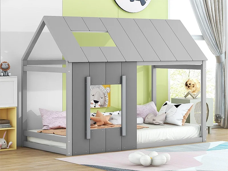 Grenenhouten cabinebed 90x200cm - kinderbed met dak en raam en lattenbodem - Grijs