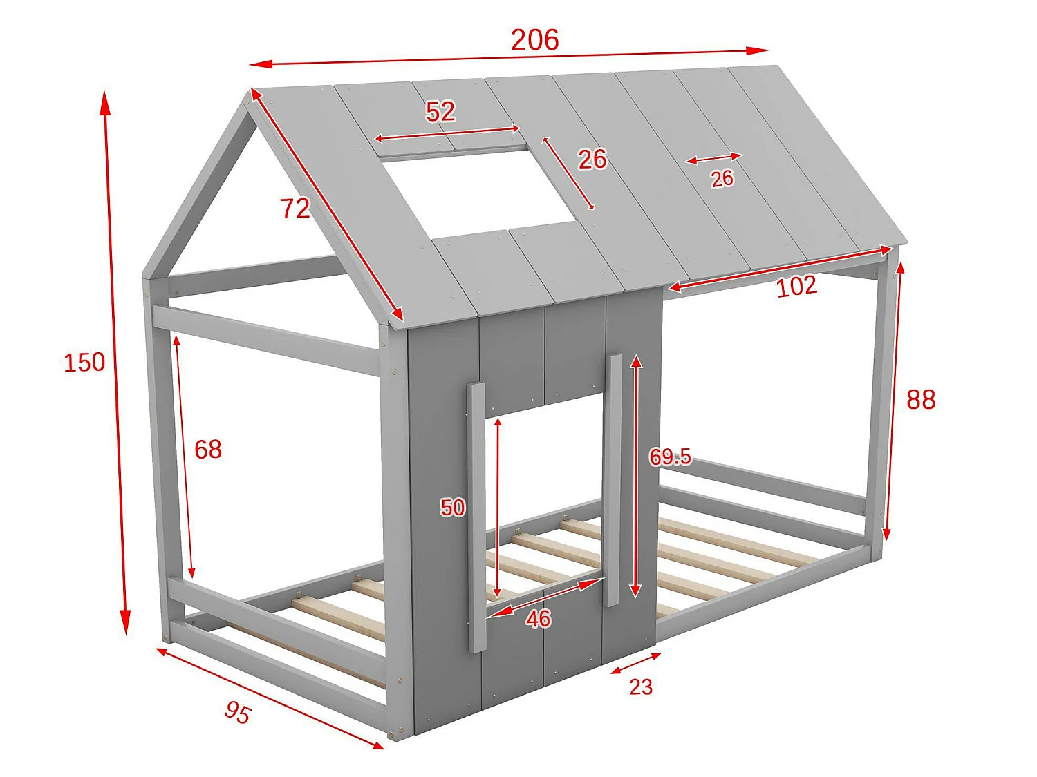 Lit cabane en bois de pin 90x200cm - lit enfant avec toit et fenêtre et sommier à lattes - Gris