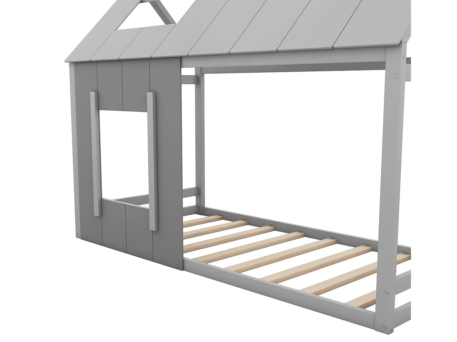 Lit cabane en bois de pin 90x200cm - lit enfant avec toit et fenêtre et sommier à lattes - Gris
