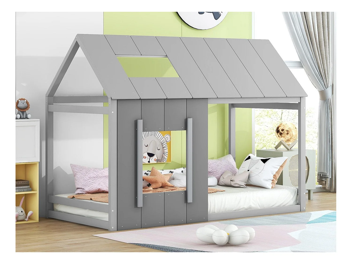Lit cabane en bois de pin 90x200cm - lit enfant avec toit et fenêtre et sommier à lattes - Gris