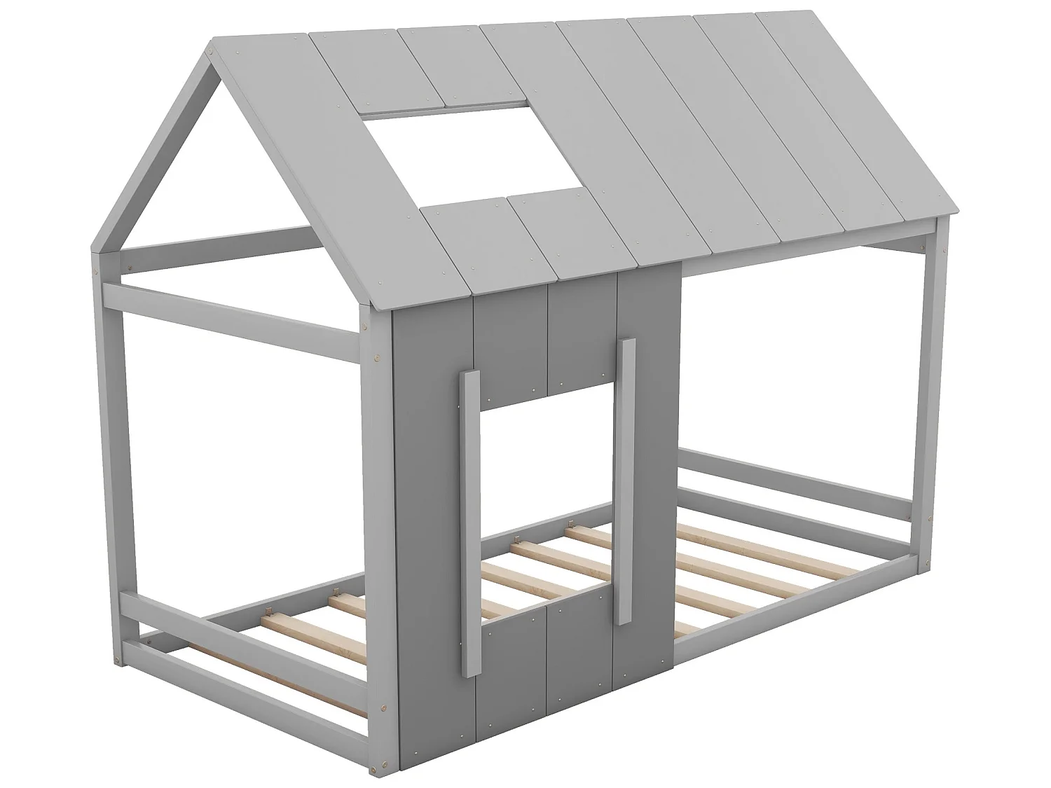 Hochbett aus Kiefernholz 90x200cm – Kinderbett mit Dach und Fenster und Lattenrost – Grau