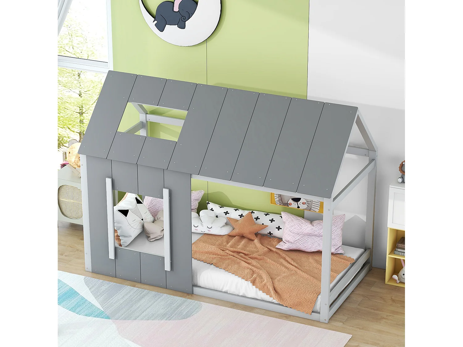 Hochbett aus Kiefernholz 90x200cm – Kinderbett mit Dach und Fenster und Lattenrost – Grau
