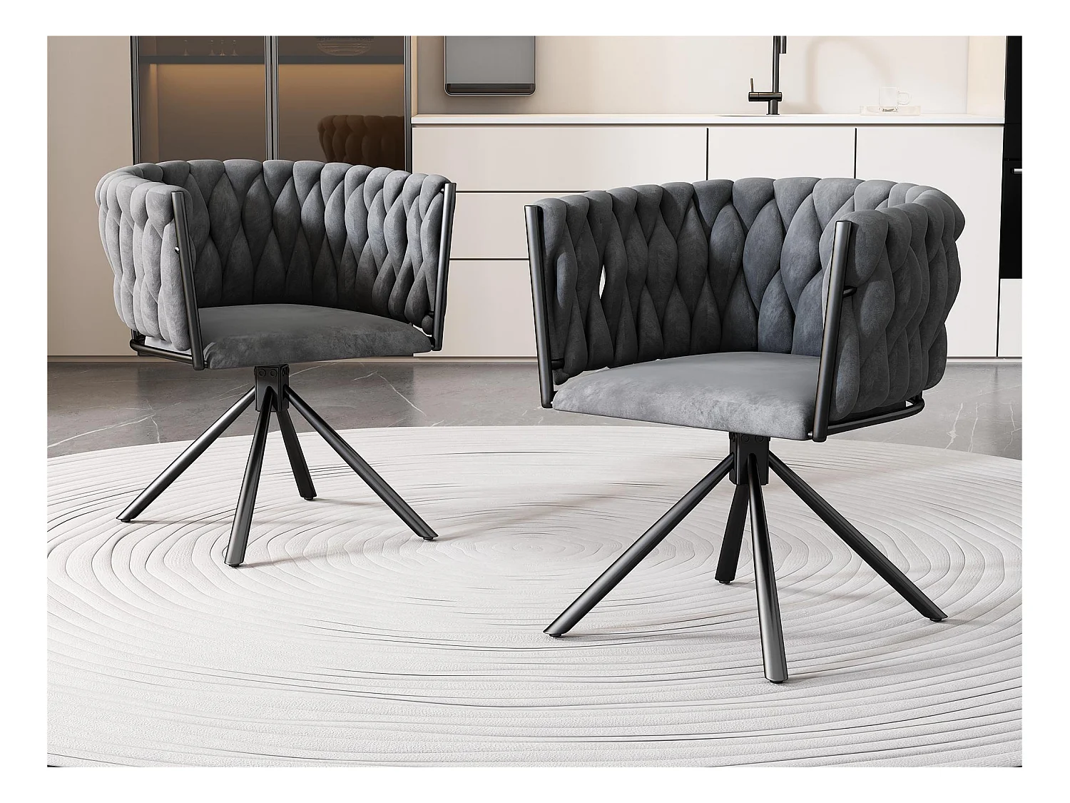 Lot de 2 Chaises pivotantes en velours avec accoudoirs - pieds en métal - Gris