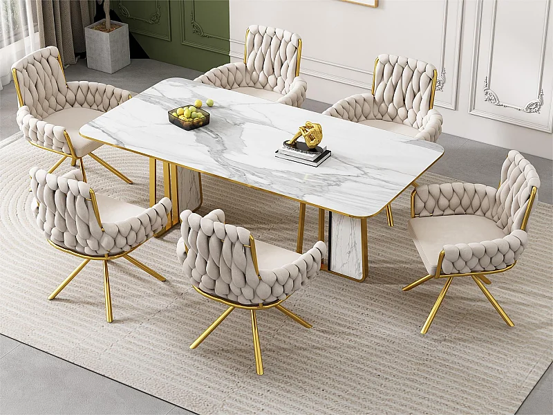 Juego de 6 sillas giratorias de terciopelo con reposabrazos - patas de metal dorado - Beige