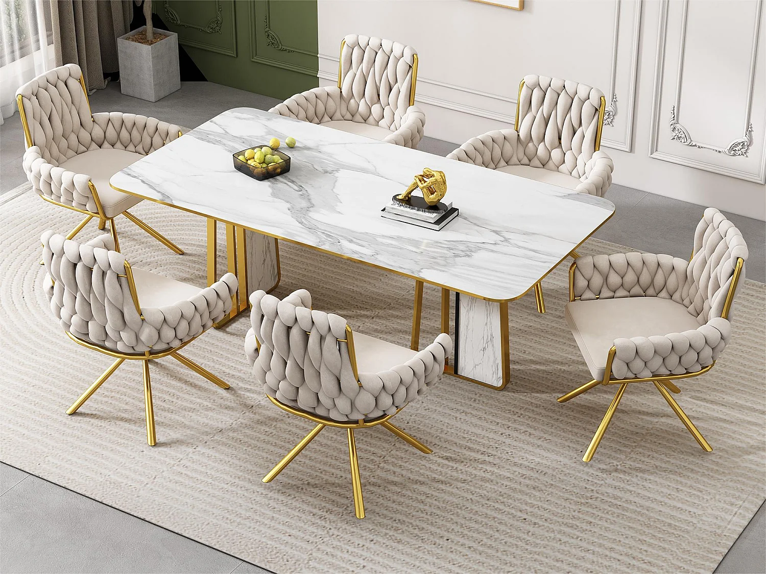 Juego de 6 sillas giratorias de terciopelo con reposabrazos - patas de metal dorado - Beige