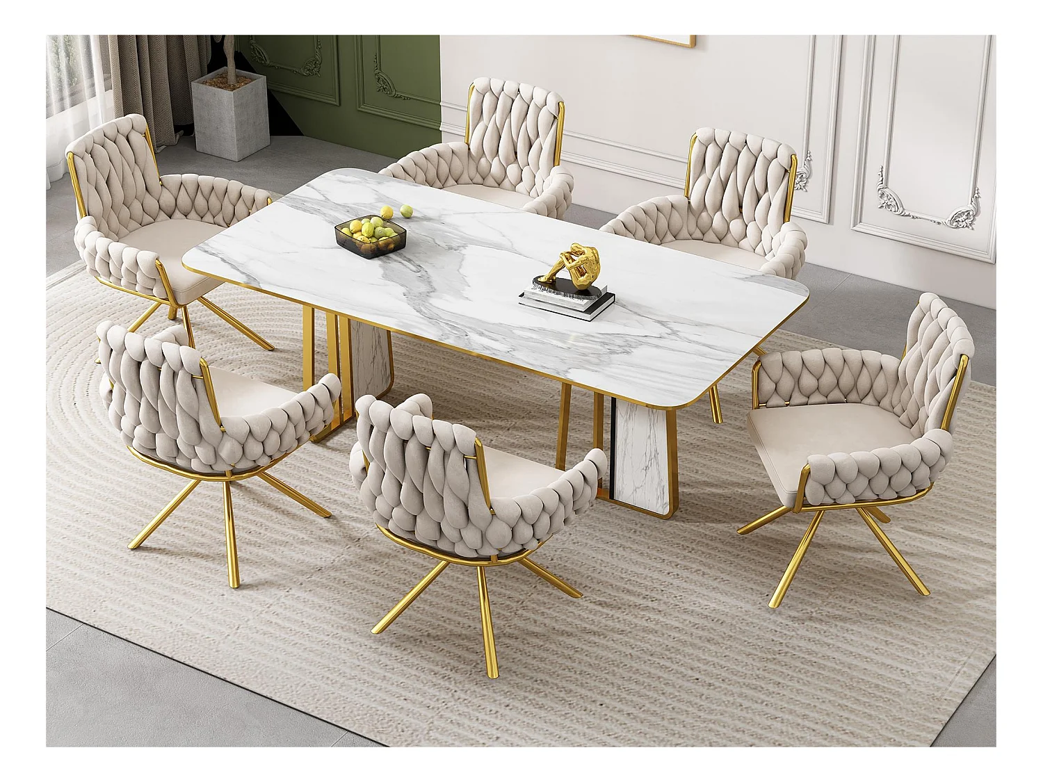 Lot de 6 Chaises pivotantes en velours avec accoudoirs - pieds en métal doré - Beige
