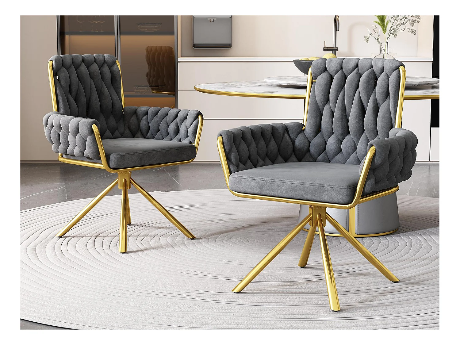 Lot de 2 Chaises pivotantes en velours avec accoudoirs - pieds en métal doré - Gris