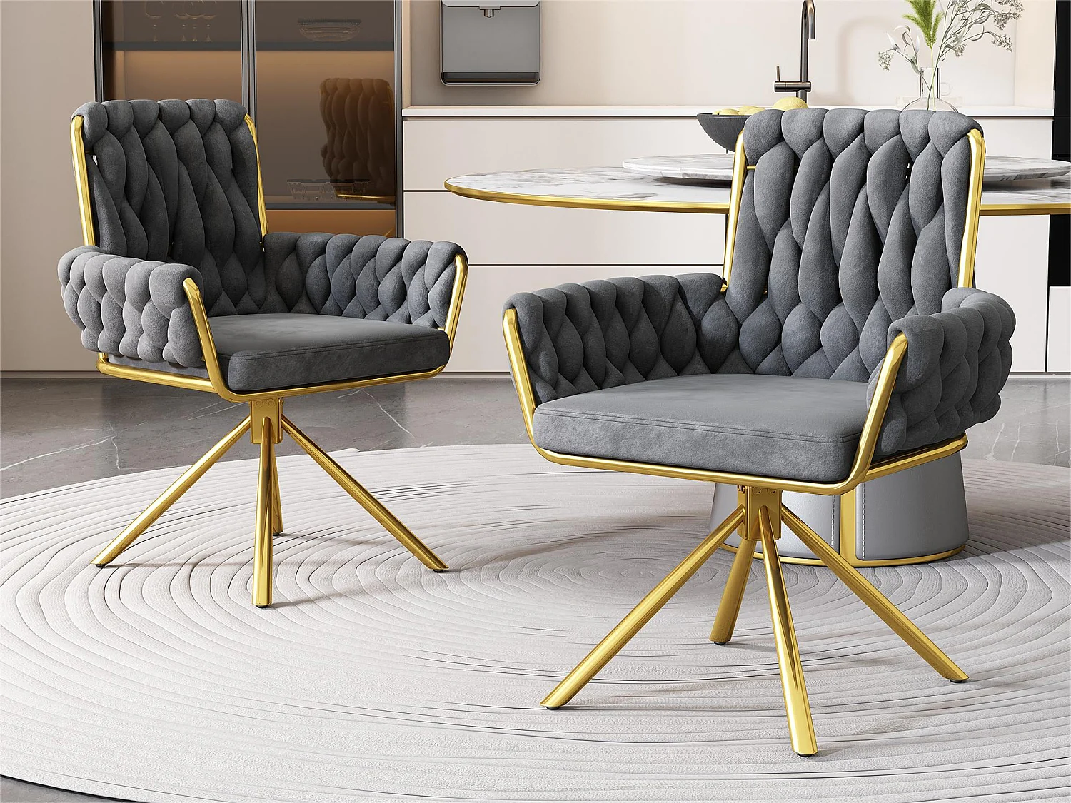 Lot de 2 Chaises pivotantes en velours avec accoudoirs - pieds en métal doré - Gris