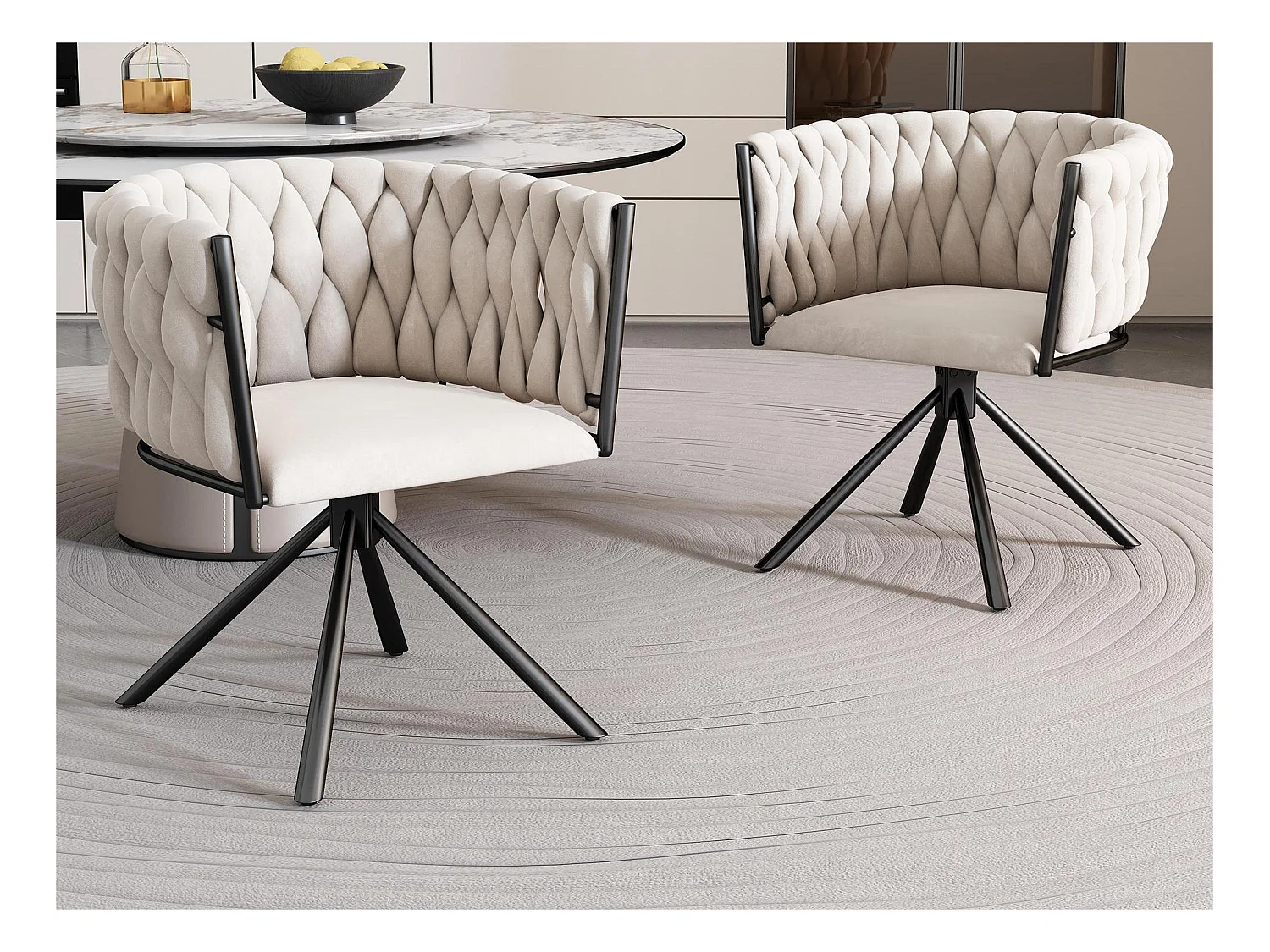 Lot de 2 Chaises pivotantes en velours avec accoudoirs - pieds en métal - Beige