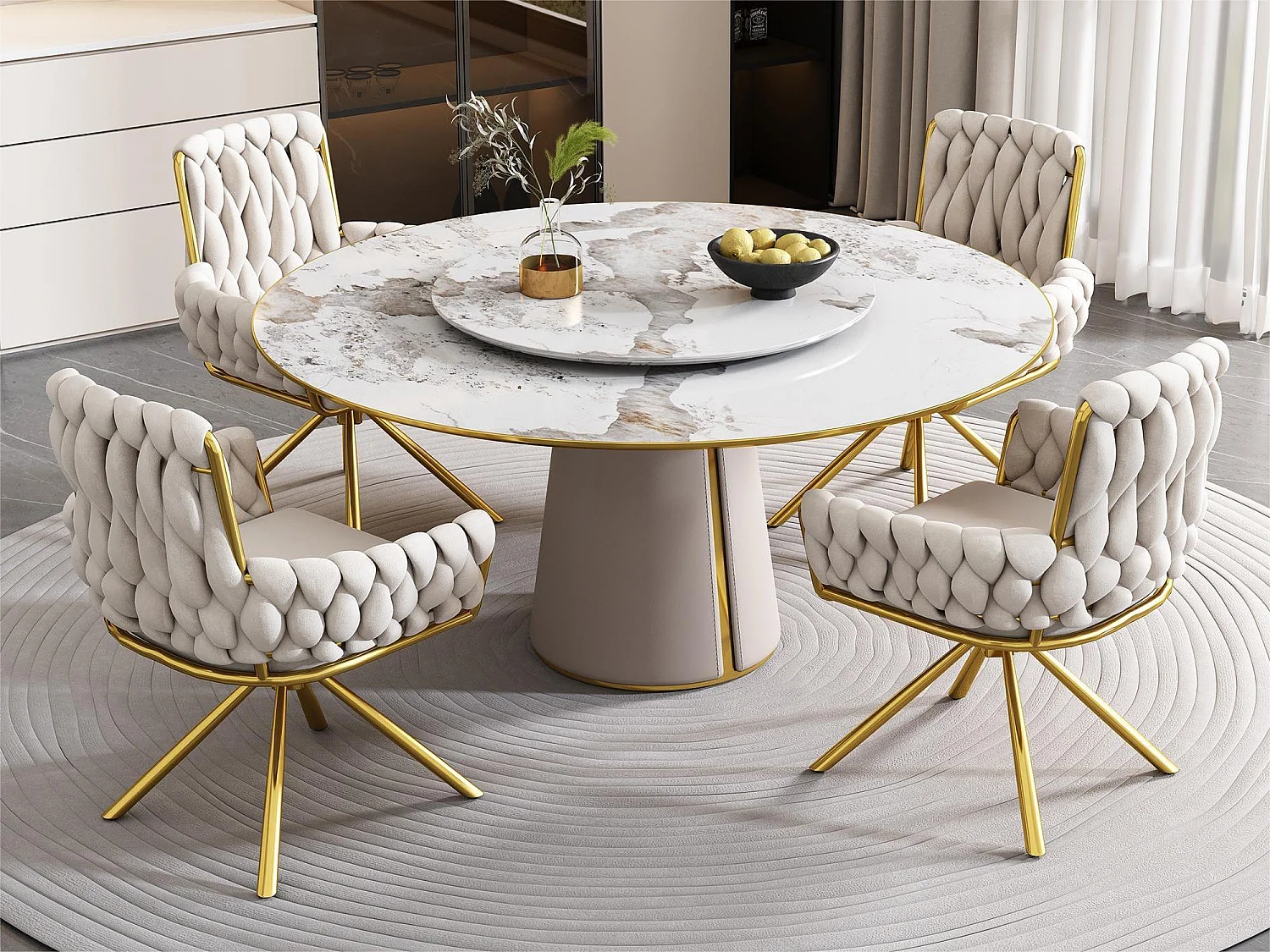 Stuhl 4er-Set aus Samt mit Armlehnen – goldene Metallbeine – Beige