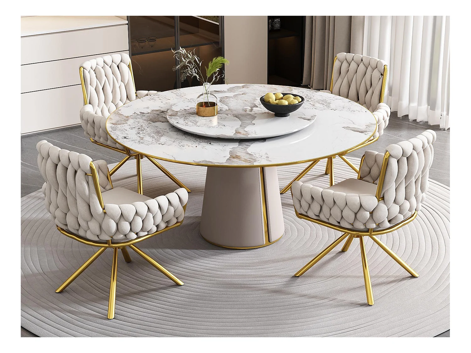 Lot de 4 Chaises pivotantes en velours avec accoudoirs - pieds en métal doré - Beige