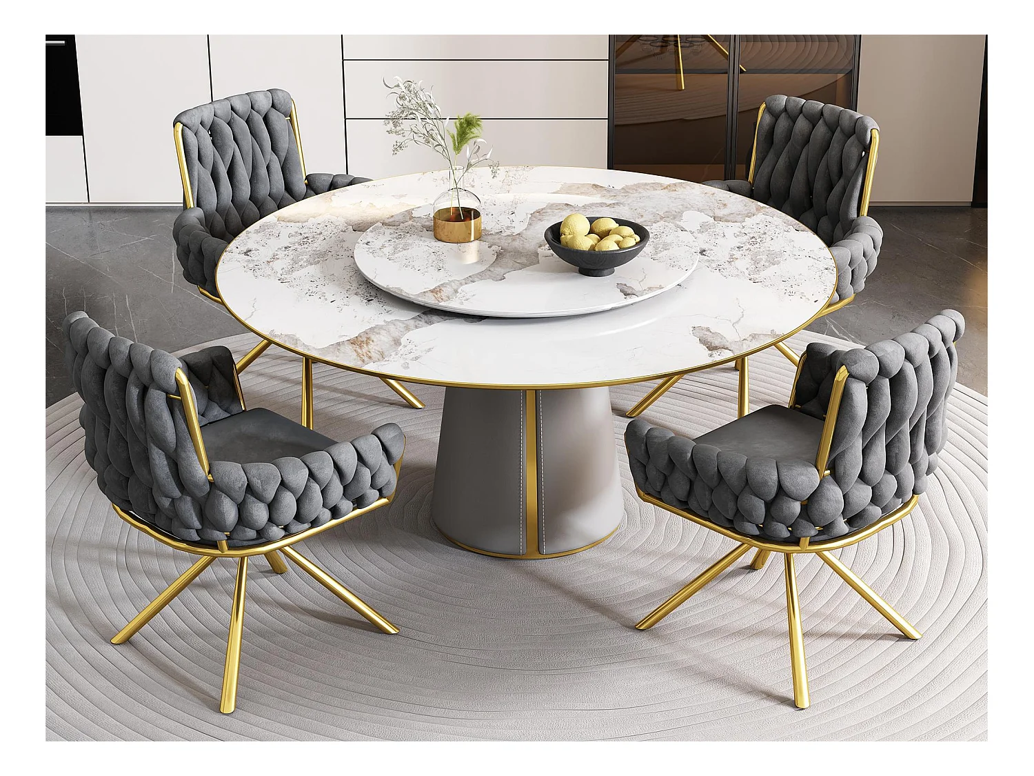 Lot de 4 Chaises pivotantes en velours avec accoudoirs - pieds en métal doré - Gris