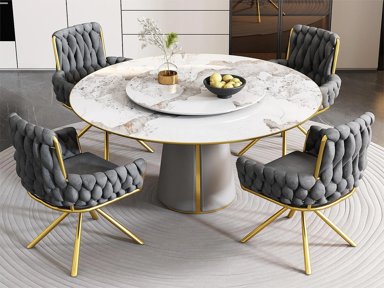 Lot de 4 Chaises pivotantes en velours avec accoudoirs - pieds en métal doré - Gris